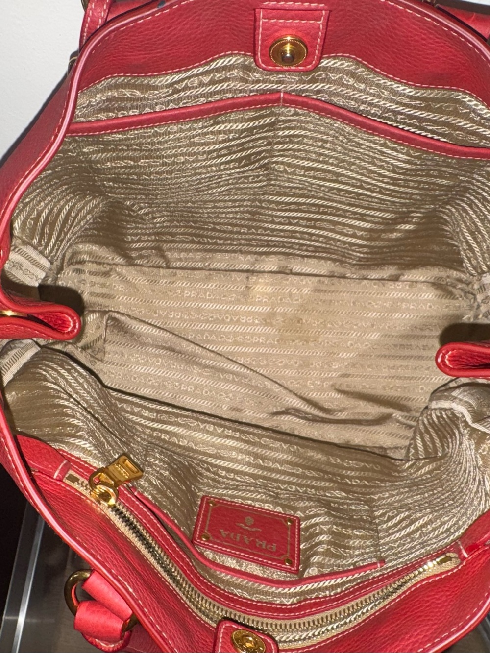 Prada Red Pebbled Leather Tote with Gold Hardware - Picture 4 of 8